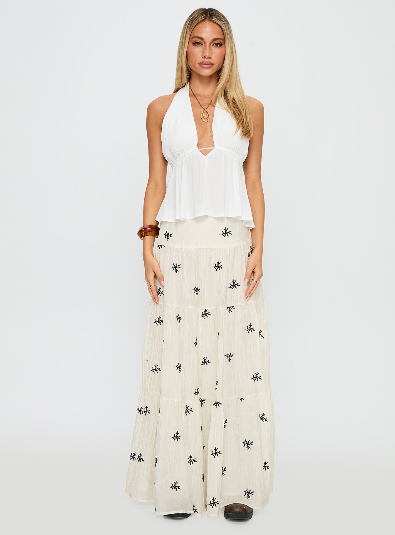Cinnamon Embroidered Maxi Skirt Cream / Navy