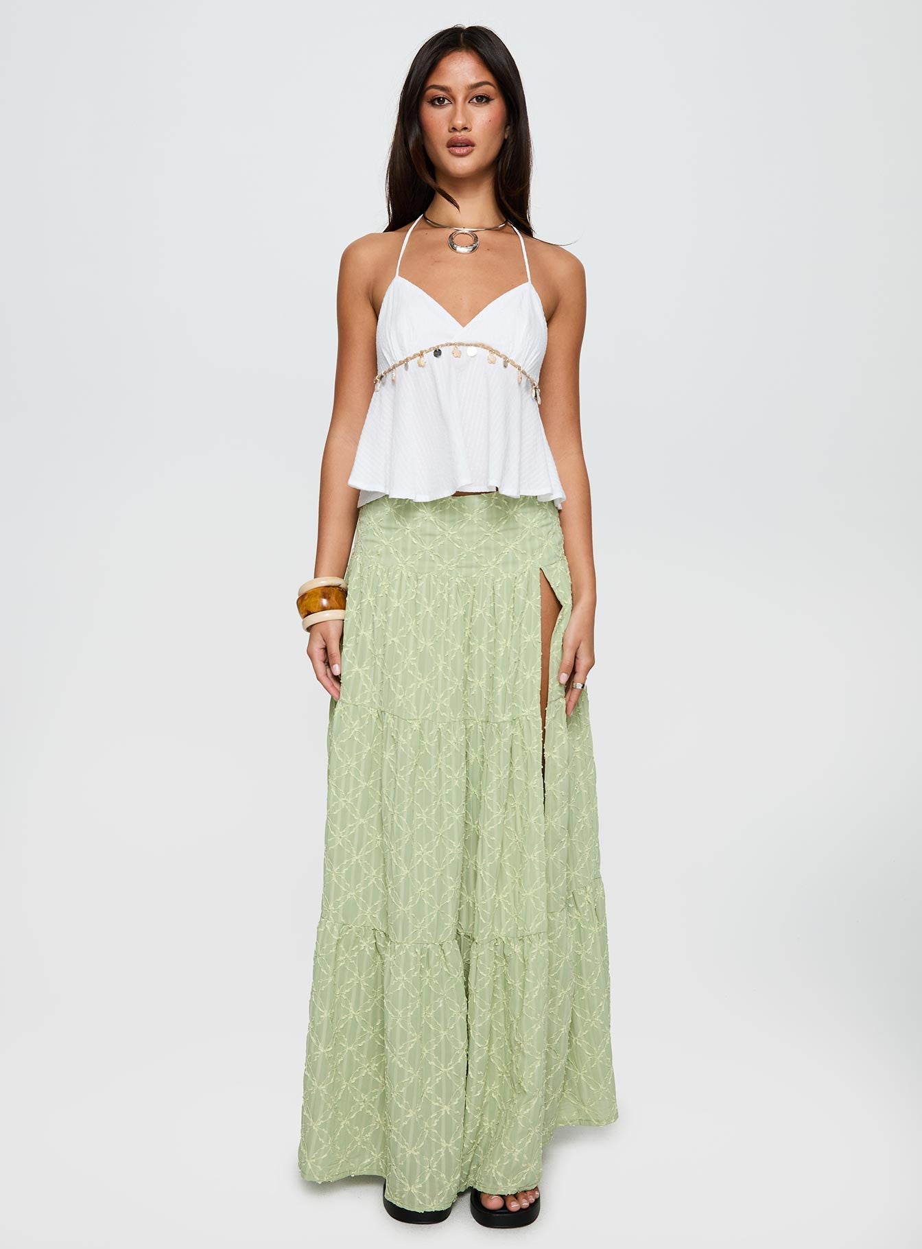 Silver Soul Embroidered Maxi Skirt Sage