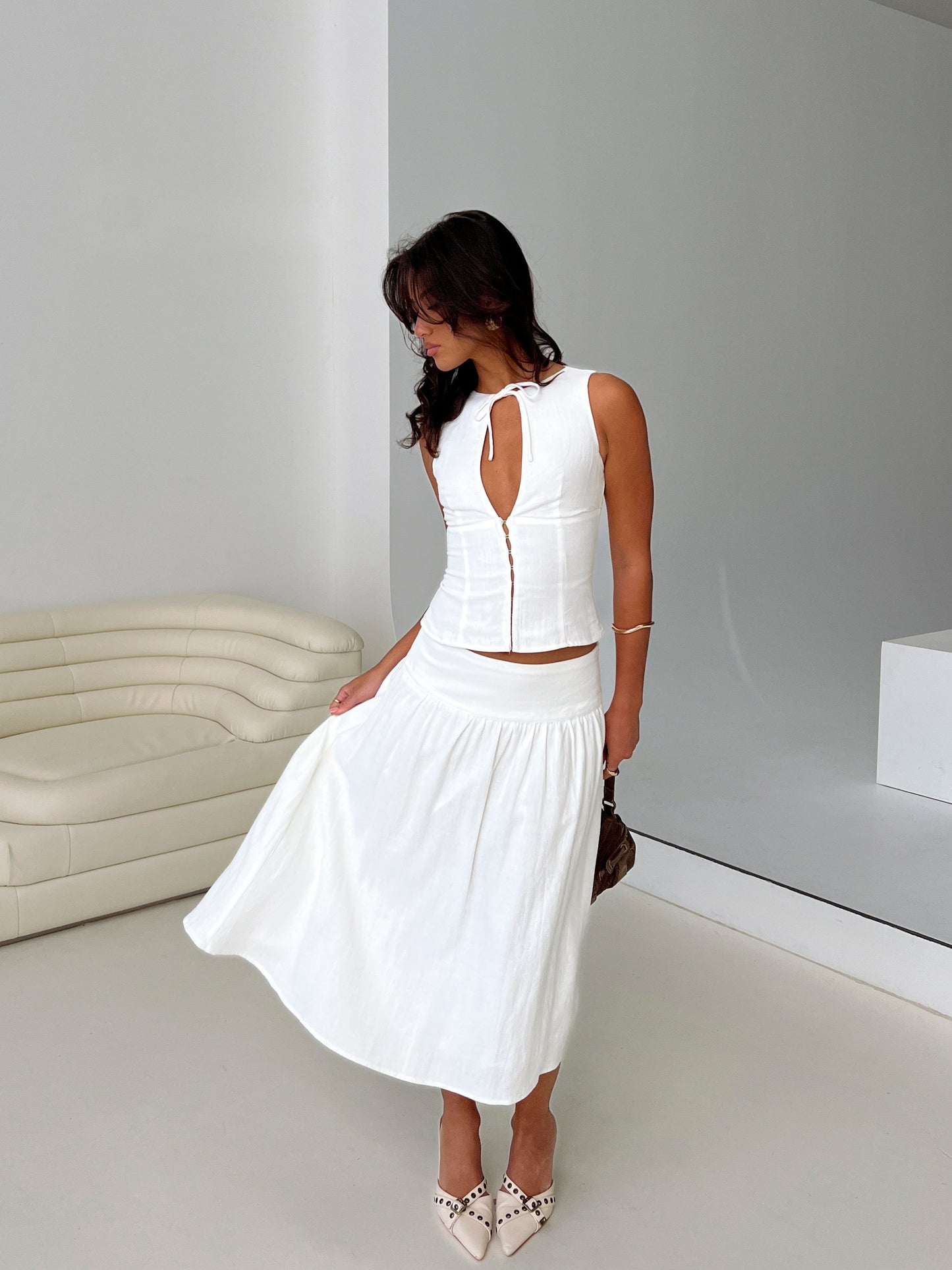 Heart Of Gold Linen Blend Midi Skirt White