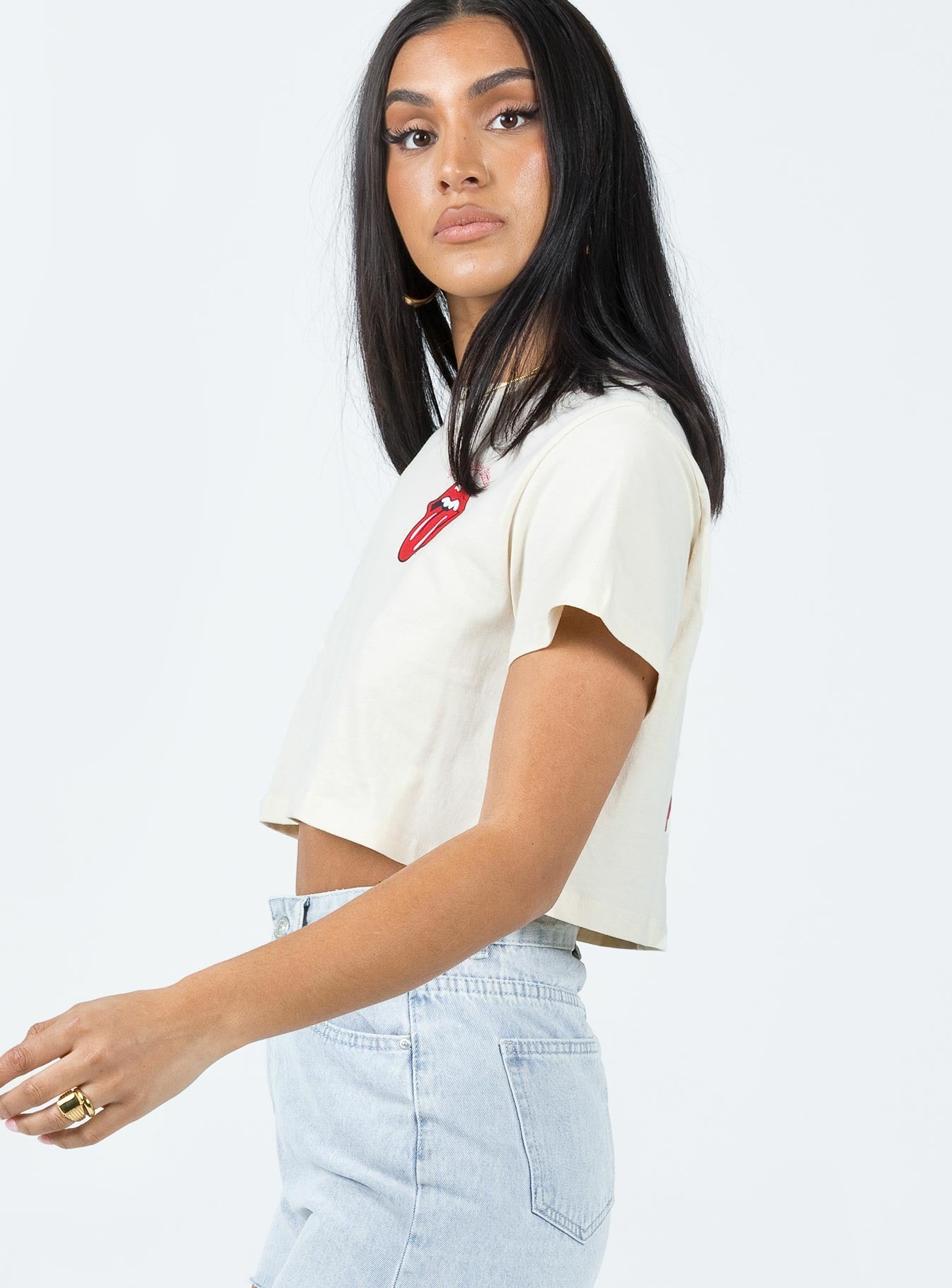 Rolling Stones Many Tongues Crop Tee Beige